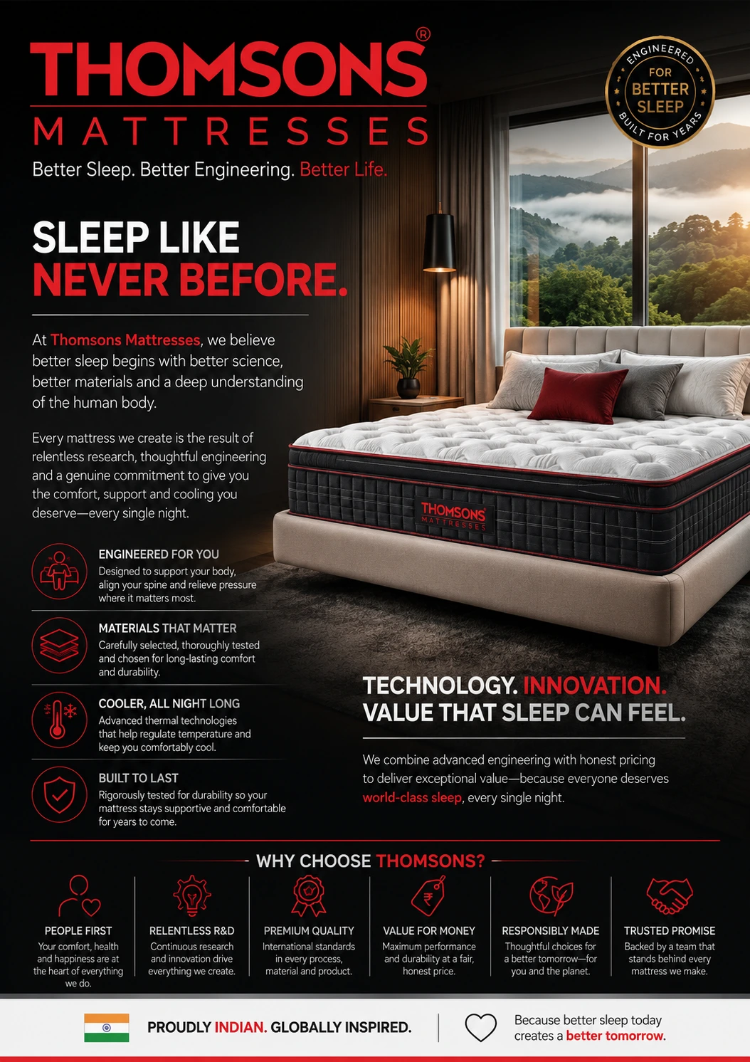 Thomsons Mattresses brochure, page 1 of 4: cover page introducing the company and its custom mattress manufacturing in Kerala
